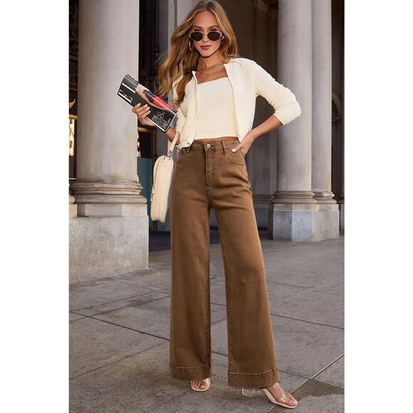 Women Casual High Waisted Wide Leg Denim Jeans Stretchy Loose Pant with Pockets - Picture 3 of 5